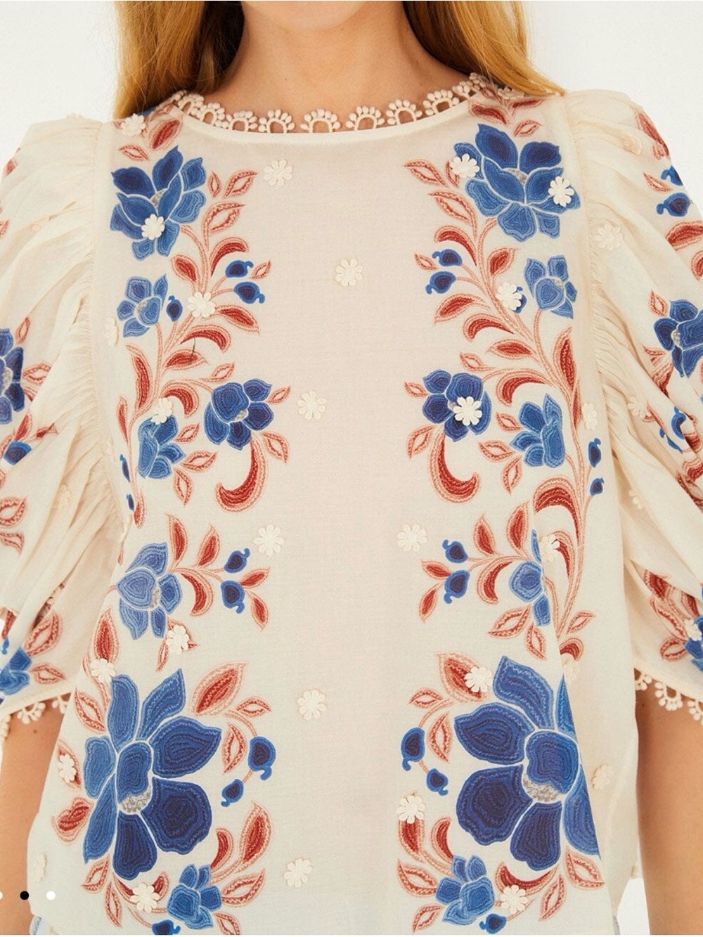 FARM Rio Ivory Puff-Sleeve Blouse with Blue & Rust Floral Embroidery - Picture 5 of 6